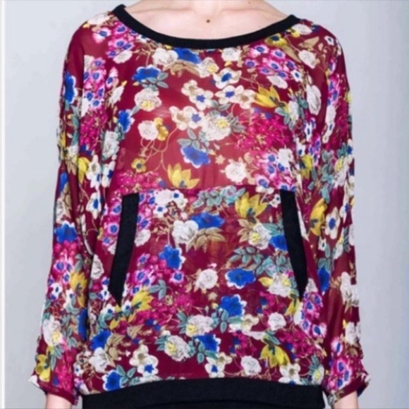Women’s Chiffon Gardens floral kangaroo pocket see thru mesh burgundy raglan top - Picture 2 of 6